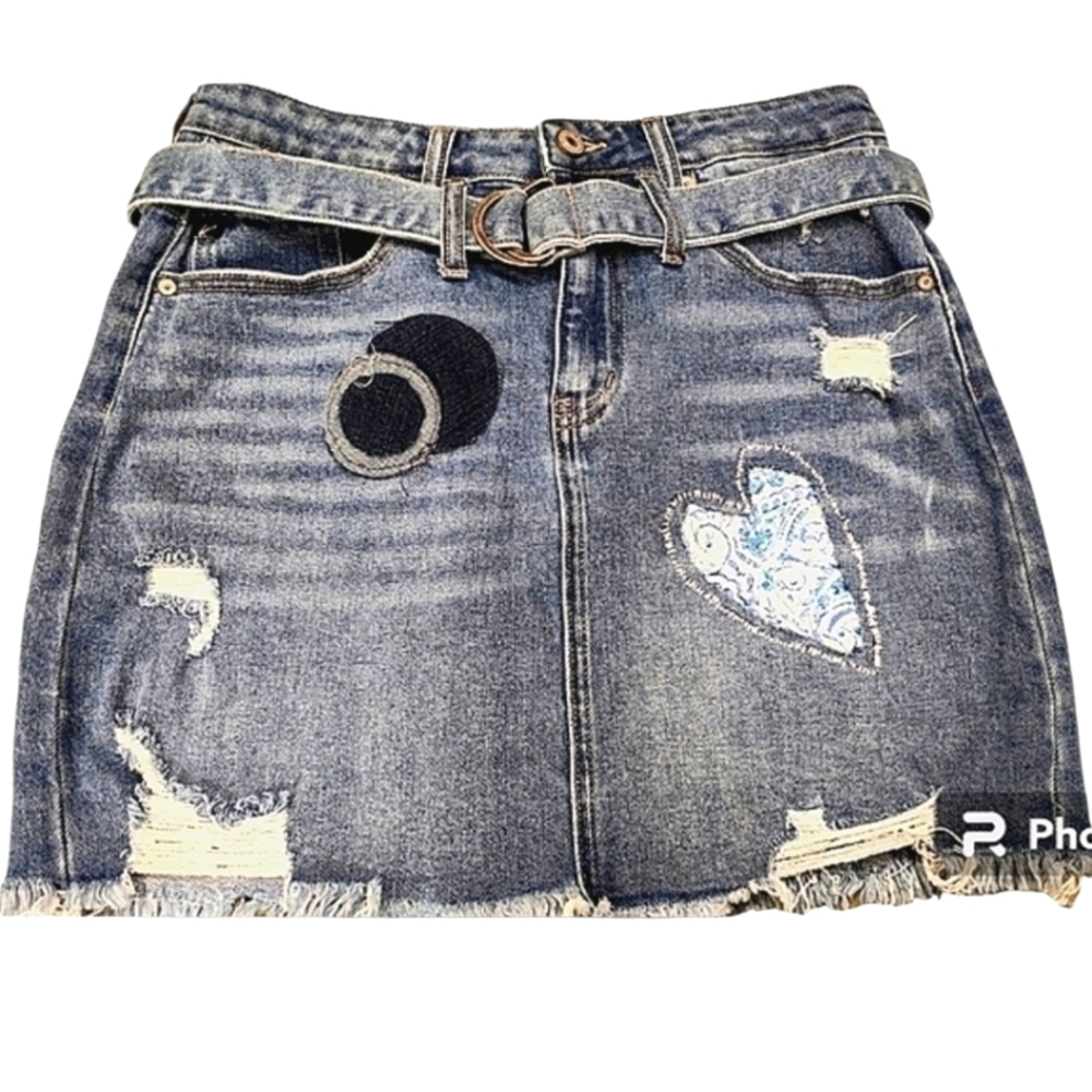 REPURPOSED Maurice's Patchwork Distressed Blue Denim Mini Skirt Size 27